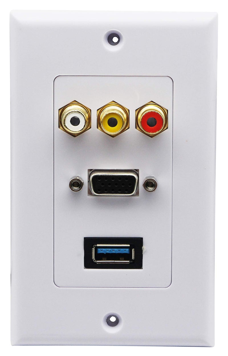 zdyCGTime 3RCA+USB 3.0A+VGA Wall Plate USB Component Composite Audio Video Wall Charger Outlet Mount Socket Face Plate Panel Cover White(3RCA&USB&VGA) - Image 1
